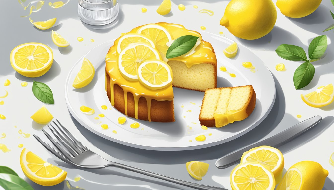 A lemon drizzle cake on a white plate with a fork beside it, surrounded by scattered lemon slices and a drizzle of icing