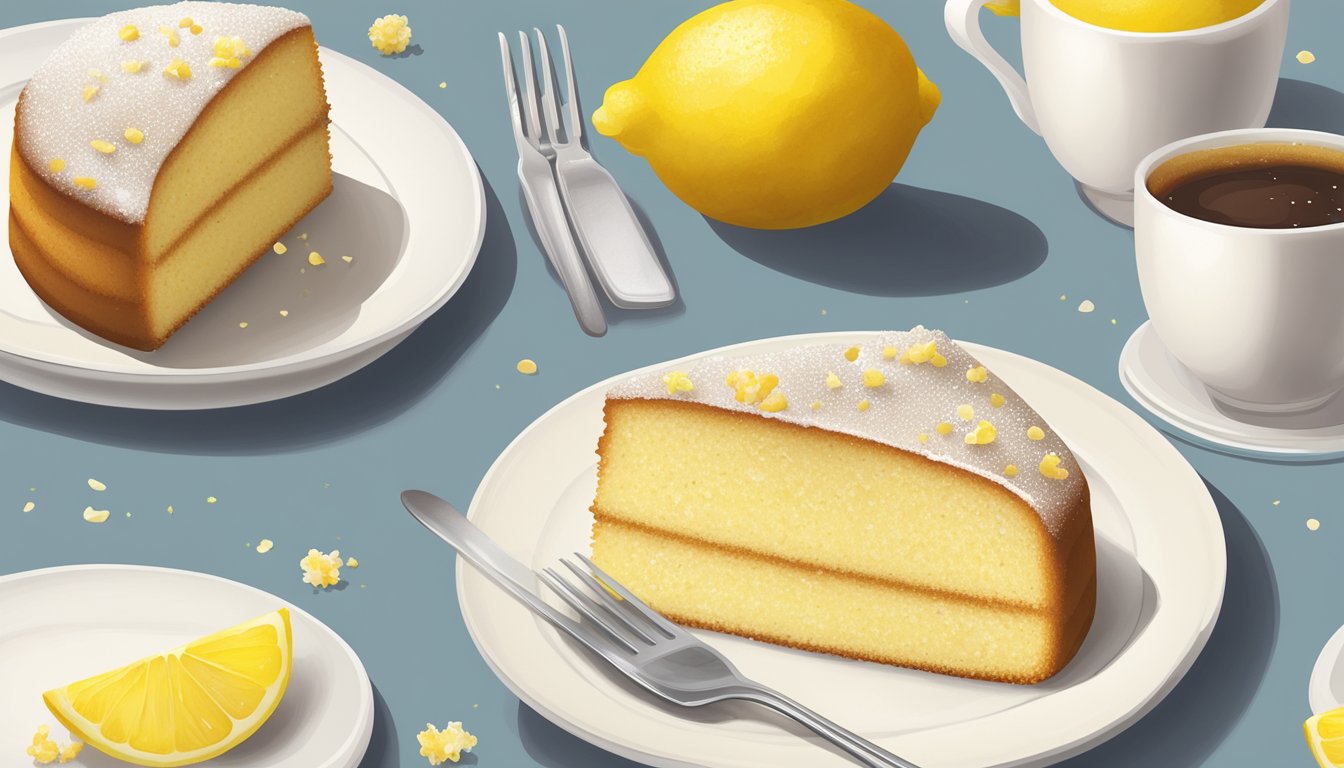 A lemon drizzle cake on a white plate with a fork beside it, a few crumbs scattered around