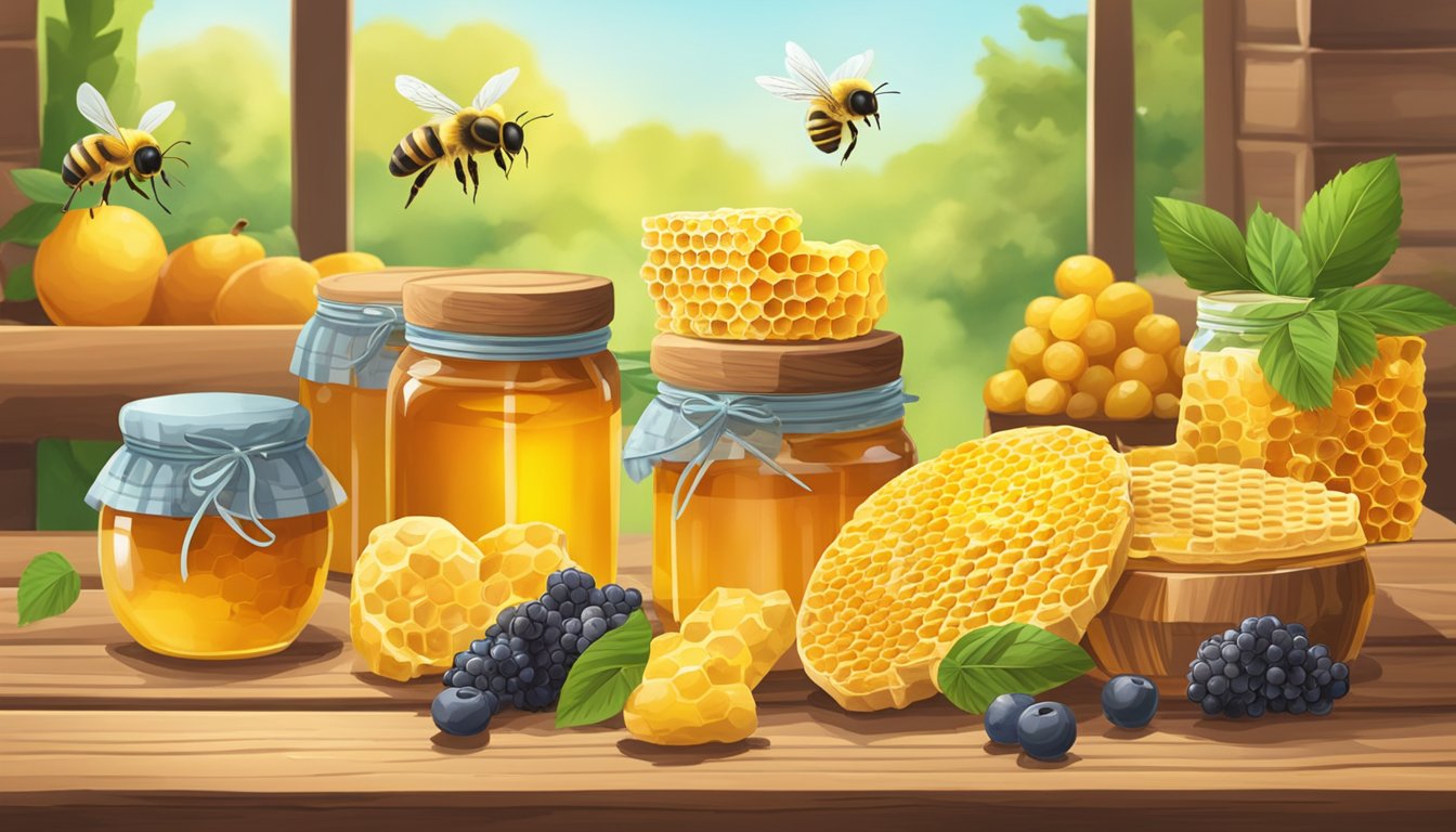 A honeycomb sits on a wooden table, surrounded by jars of honey and fresh fruit. Bees buzz in the background