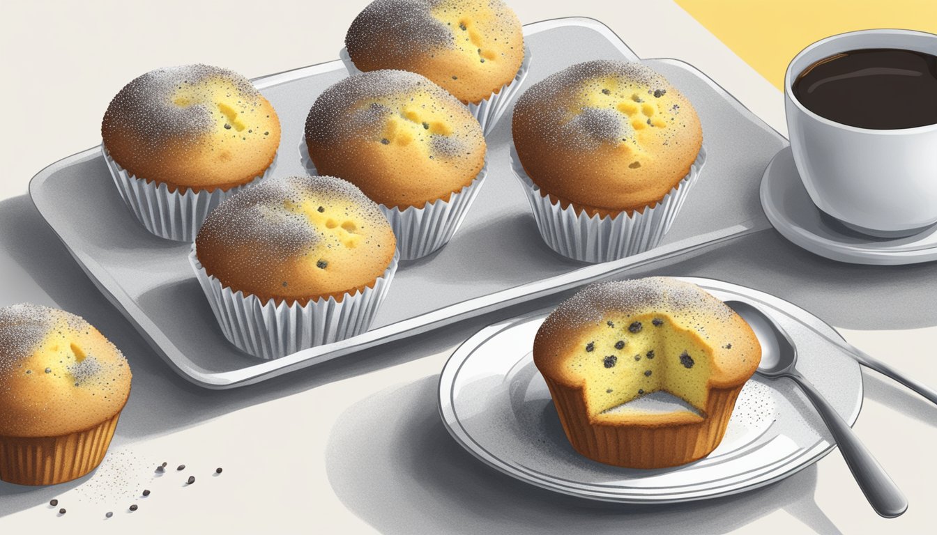 A lemon poppy seed muffin sits on a white plate next to a cup of coffee. The muffin is topped with a sprinkling of powdered sugar and a few scattered poppy seeds