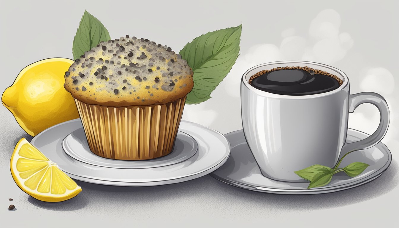 A lemon poppy seed muffin sits on a white plate next to a steaming cup of coffee, surrounded by fresh lemons and poppy seeds