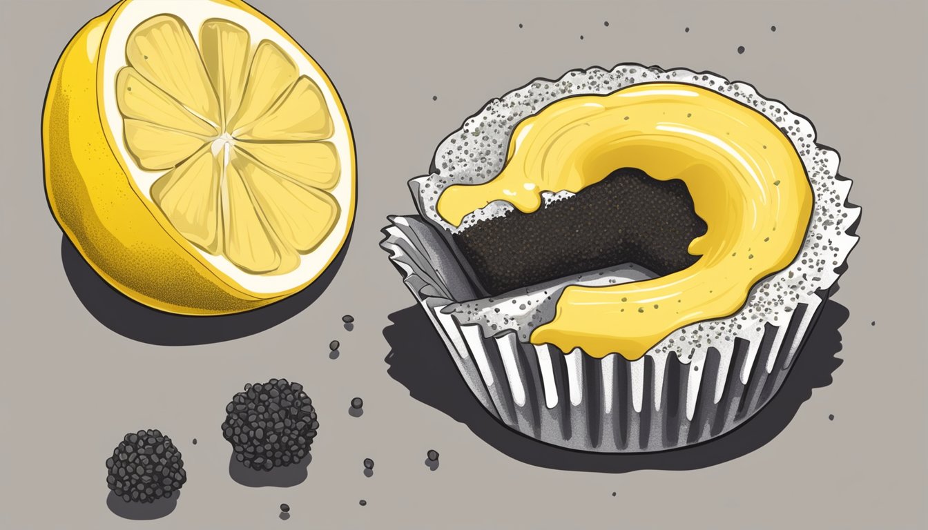 A lemon poppy seed muffin split in half with a dollop of lemon curd on top, surrounded by scattered poppy seeds