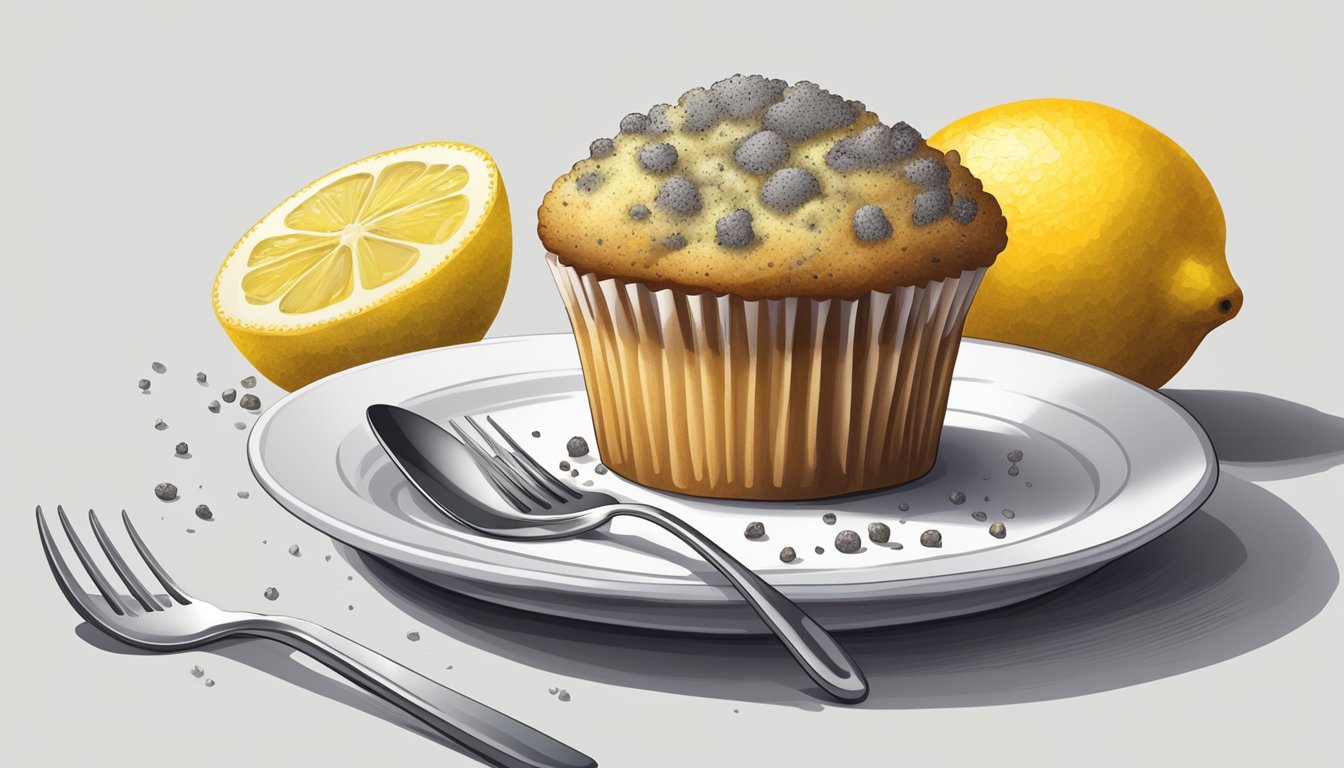 A lemon poppy seed muffin sits on a white plate with a few crumbs scattered around it. A small fork is positioned next to the muffin