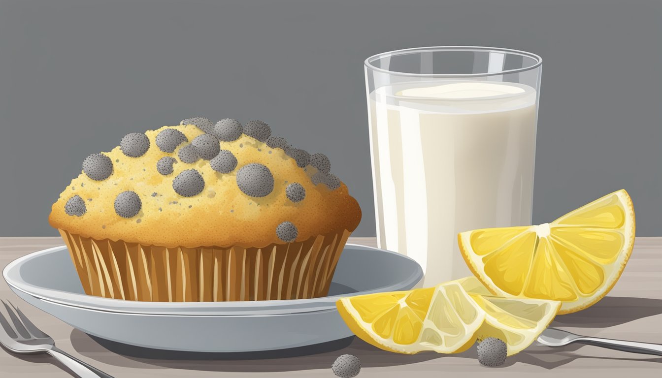 A lemon poppy seed muffin sits on a white plate next to a glass of cold milk. The muffin is surrounded by fresh lemons and poppy seeds