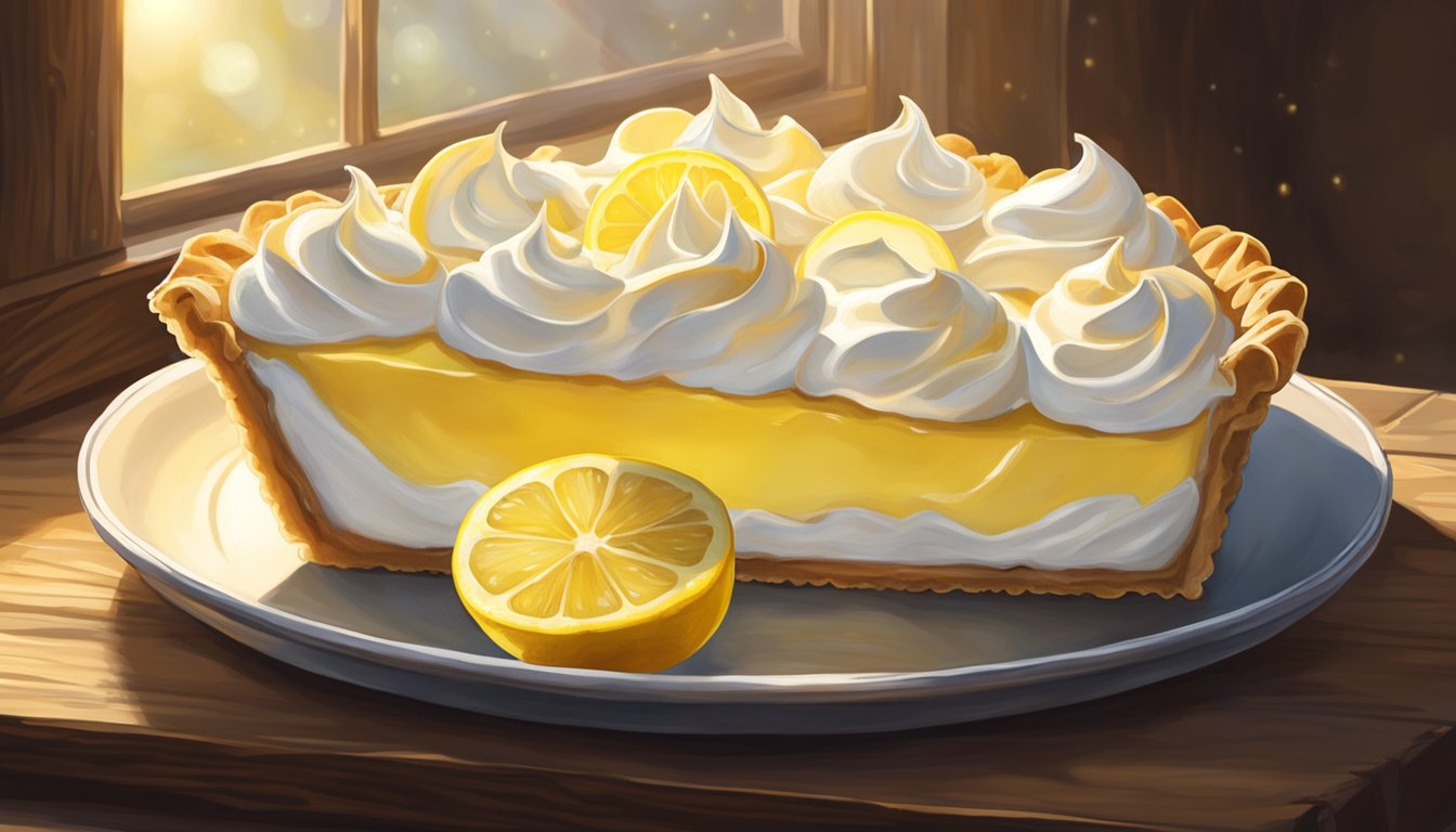 A lemon meringue pie sits on a rustic wooden table, adorned with a dollop of whipped cream and a slice of lemon. Sunshine streams through a nearby window, casting a warm glow over the dessert