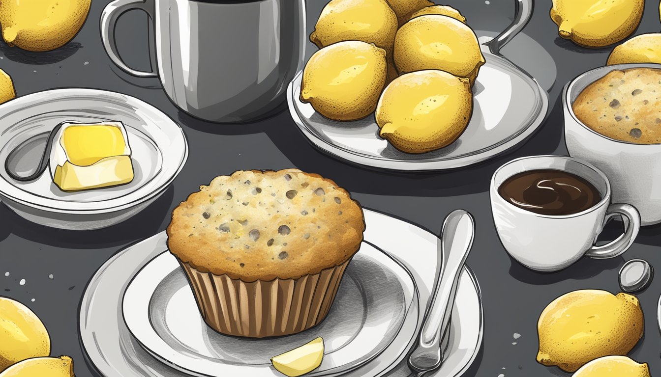 A lemon poppy seed muffin sits on a white plate next to a steaming cup of coffee, with a small dish of butter on the side