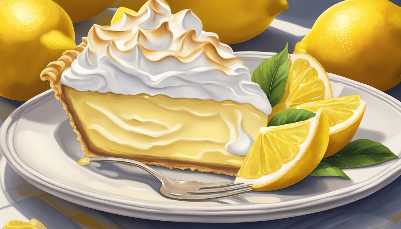 A freshly baked lemon meringue pie sits on a white ceramic plate, with a golden crust and fluffy peaks of meringue topping, surrounded by vibrant yellow lemons and a dollop of whipped cream