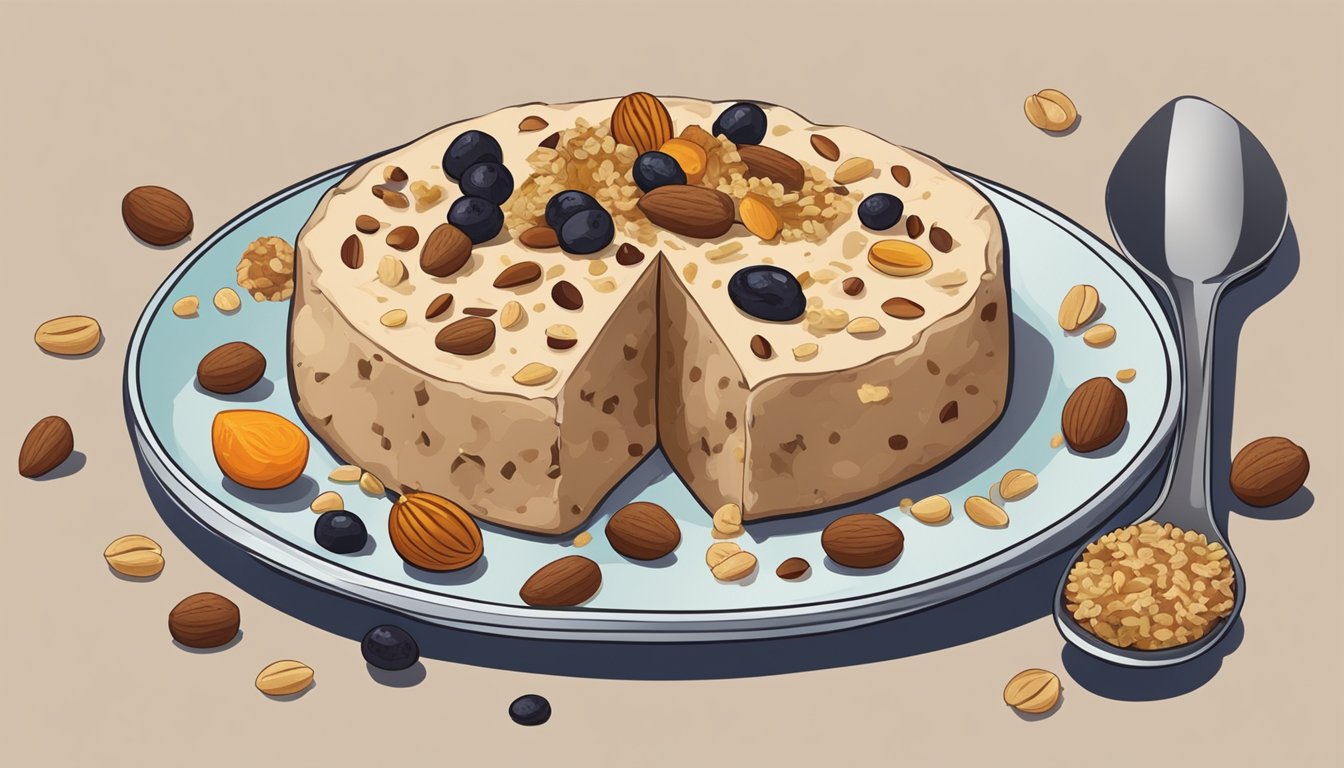 A plate of halva surrounded by nuts, seeds, and dried fruits. A fork cutting a piece of halva to be eaten