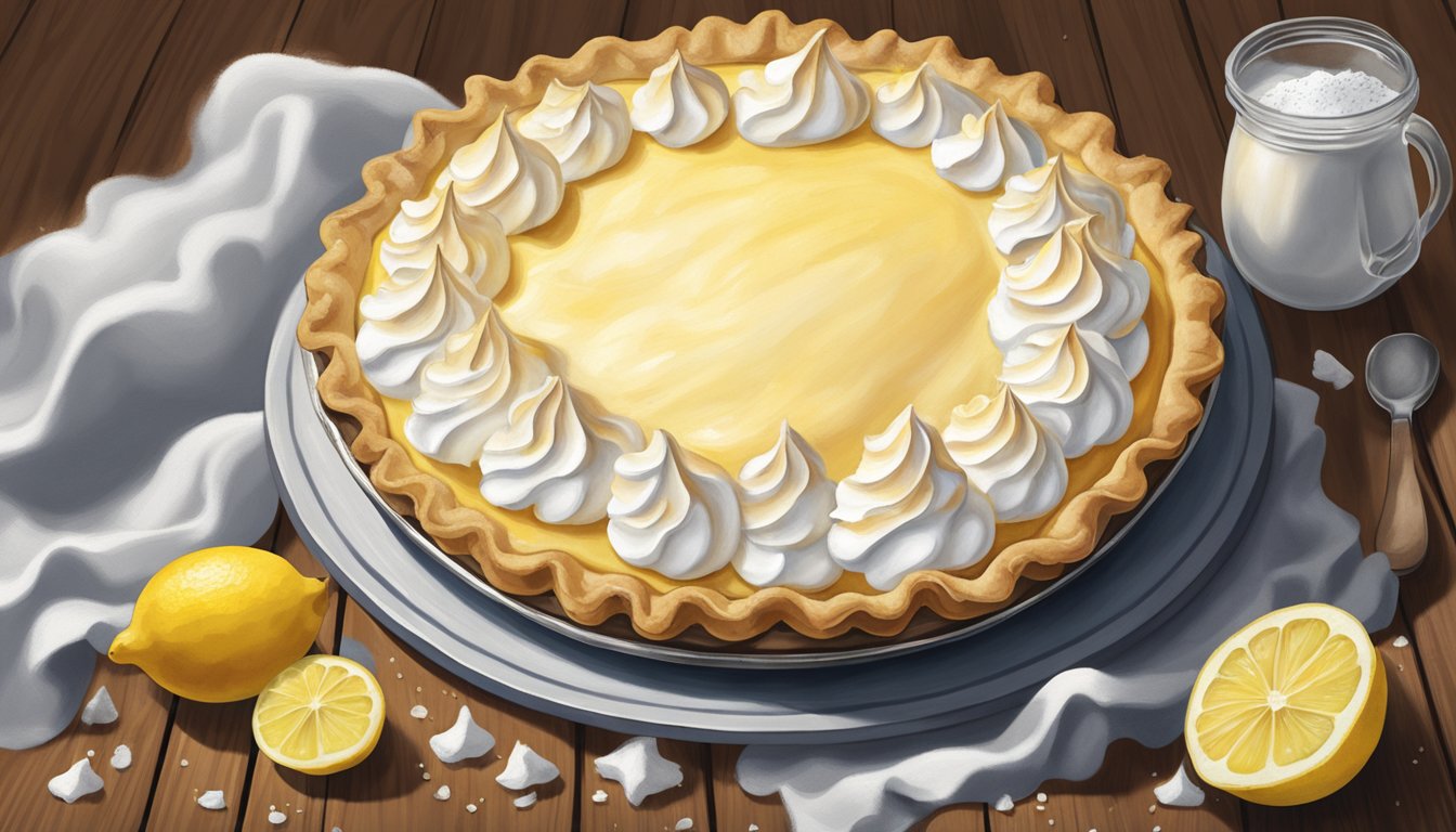 A lemon meringue pie sits on a rustic wooden table, surrounded by scattered lemon zest and a dusting of powdered sugar. A golden-brown pie crust is perfectly fluted around the edges, with a billowy cloud of toasted meringue on top