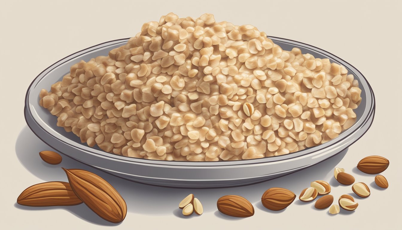 A plate of halva surrounded by nuts, seeds, and honey. A nutritional label and ingredients list sit nearby