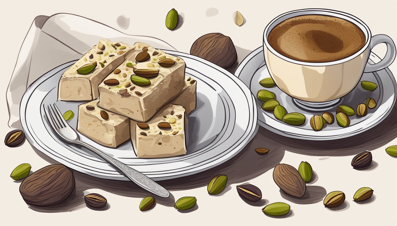 A plate of halva sits beside a cup of Turkish coffee, surrounded by scattered pistachios and dried figs. A small spoon rests on the plate, ready to be used