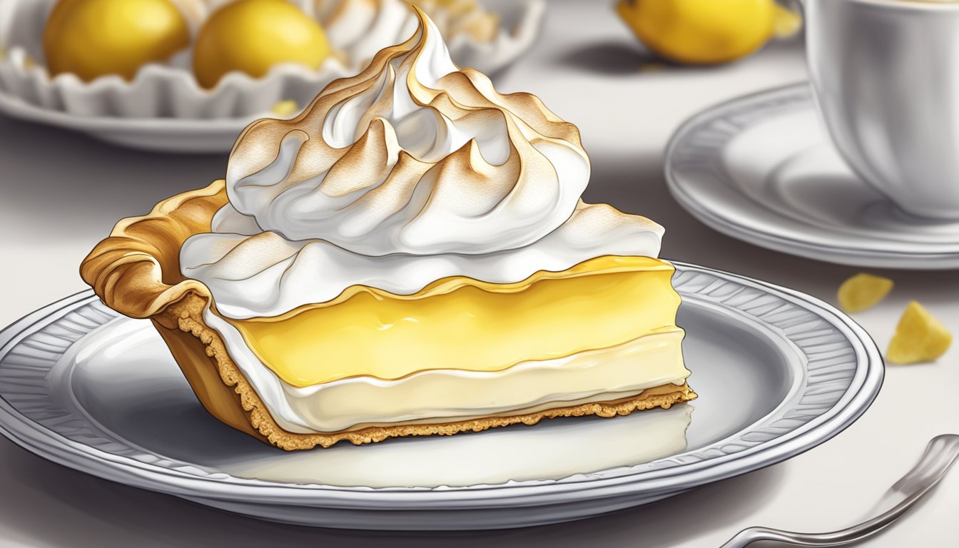 A lemon meringue pie sits on a white porcelain plate, with a golden brown crust and fluffy meringue topping, ready to be devoured