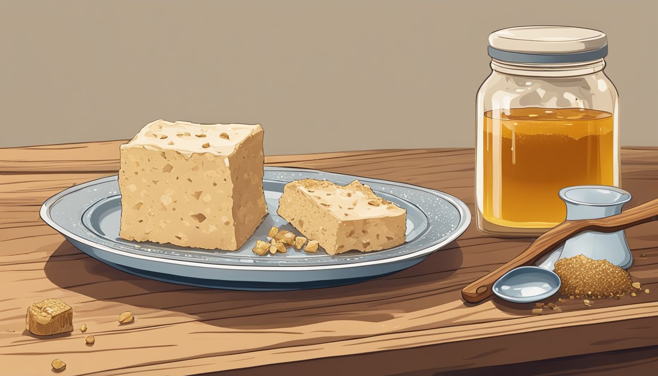 A plate of halva sits on a wooden table next to a jar of honey and a cup of tea. A knife with a few crumbs on the blade lies next to the halva