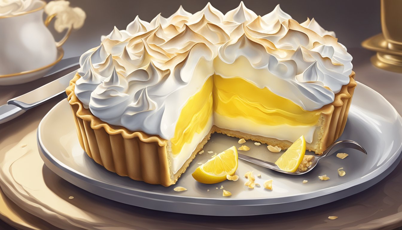 A lemon meringue pie being sliced with a golden crust and fluffy meringue topping