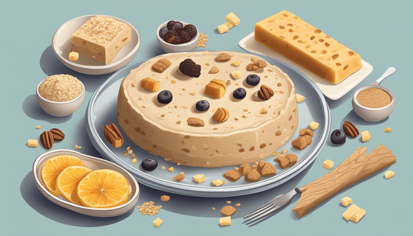 A plate of halva surrounded by various cultural symbols, with a fork slicing into the sweet treat