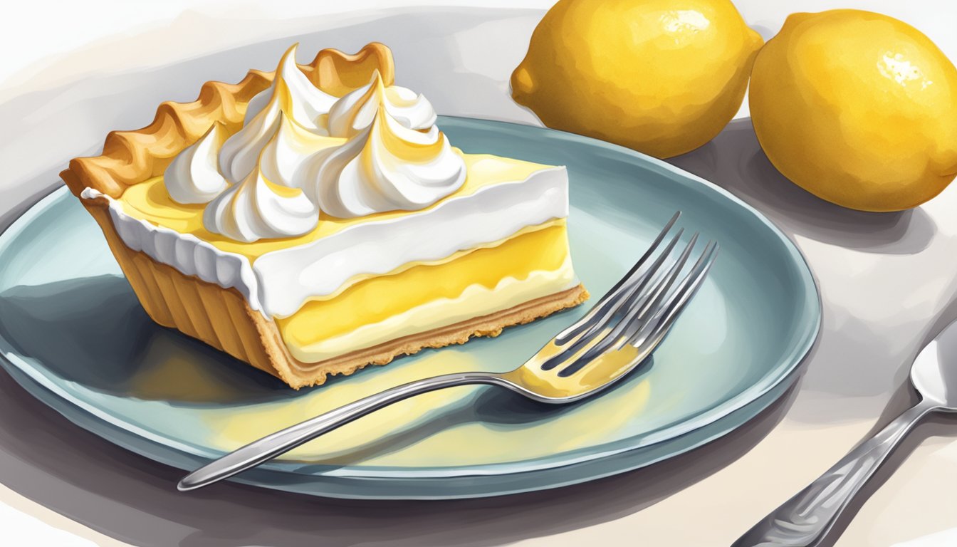 A slice of lemon meringue pie on a plate with a fork cutting into it