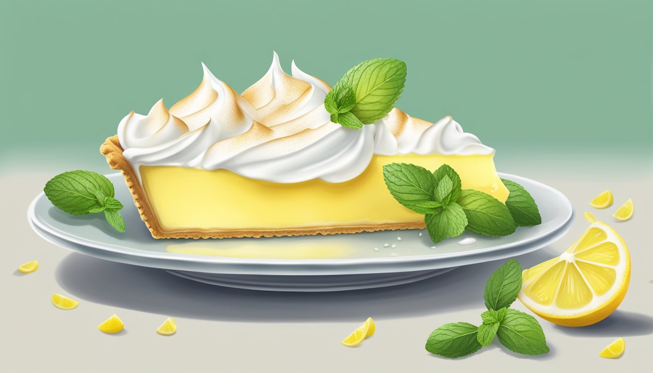 A lemon meringue pie being sliced into, with a dollop of whipped cream on top, surrounded by lemon slices and a sprig of mint