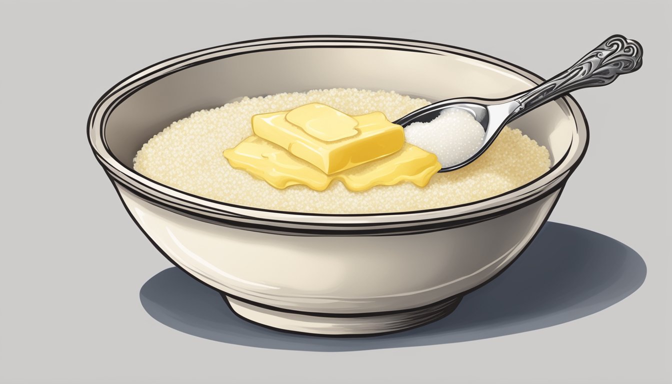 A steaming bowl of grits topped with butter and salt, accompanied by a spoon and a pat of butter on the side