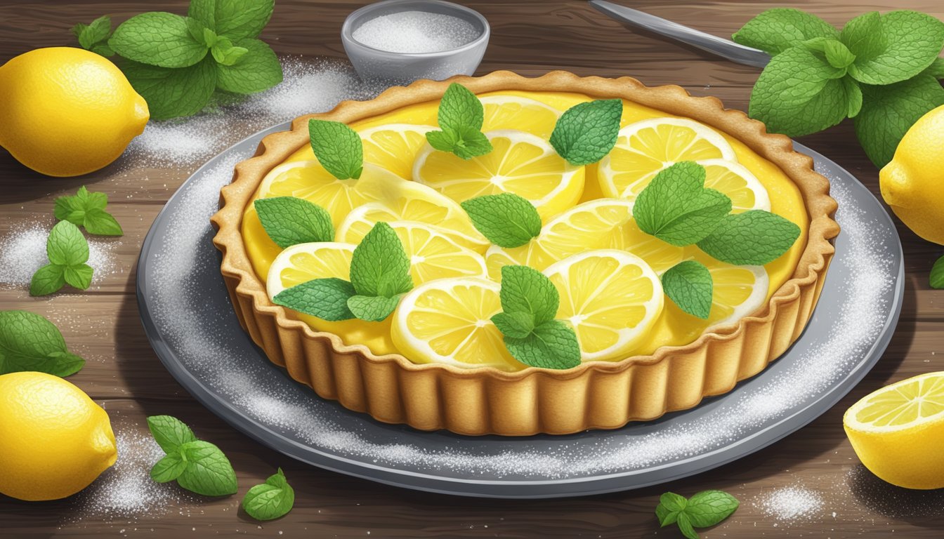 A lemon tart on a rustic wooden table with a dusting of powdered sugar and a garnish of fresh mint leaves