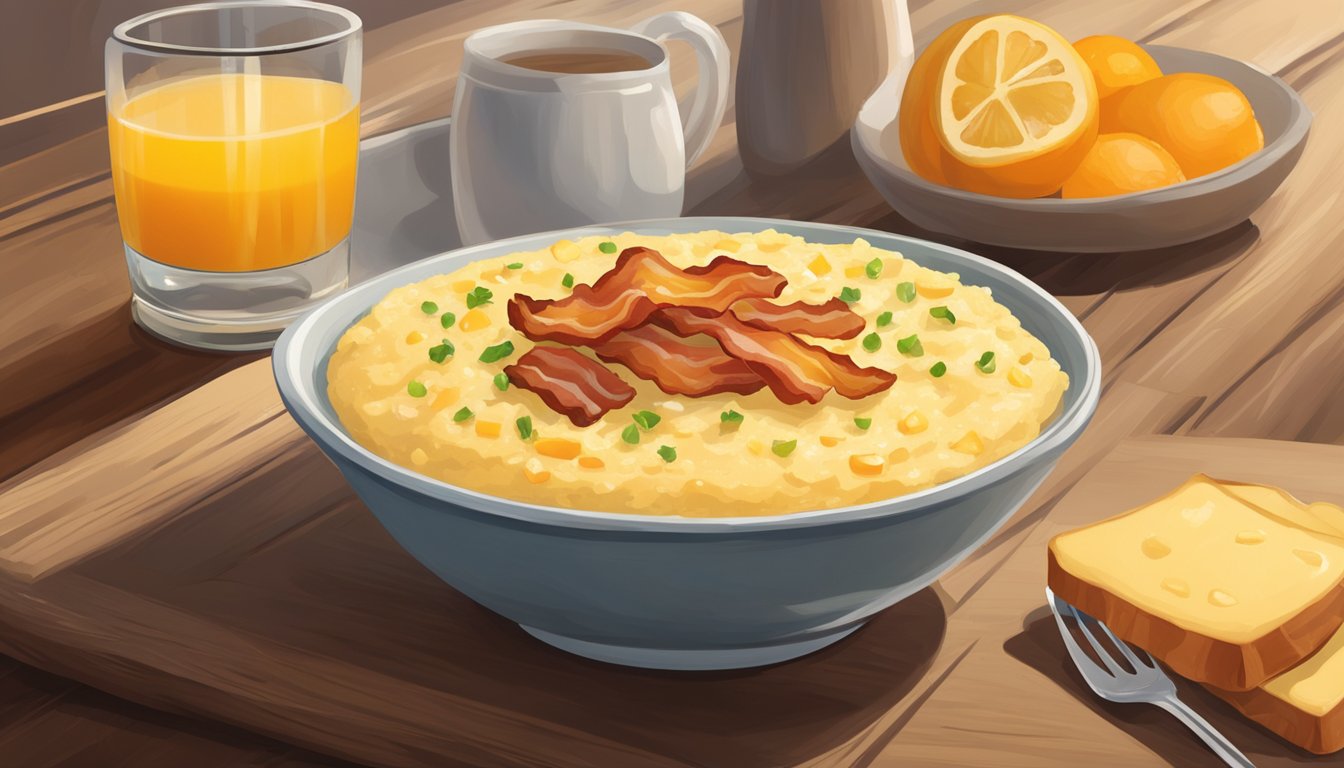 A bowl of creamy grits topped with butter and cheese, accompanied by a side of crispy bacon and a glass of orange juice on a wooden table