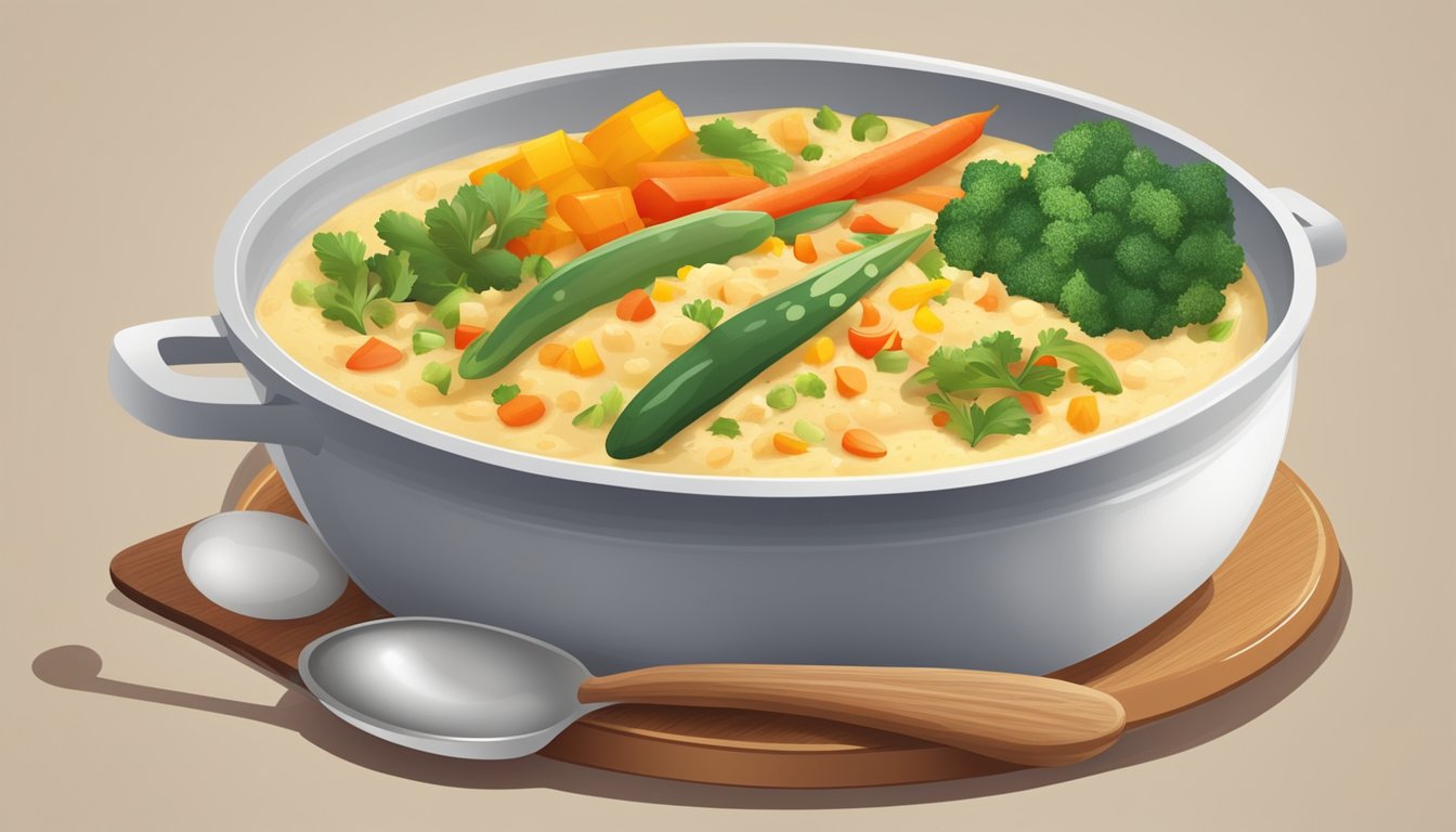 A bowl of creamy grits topped with colorful vegetables and savory spices, surrounded by a steaming pot and a wooden spoon