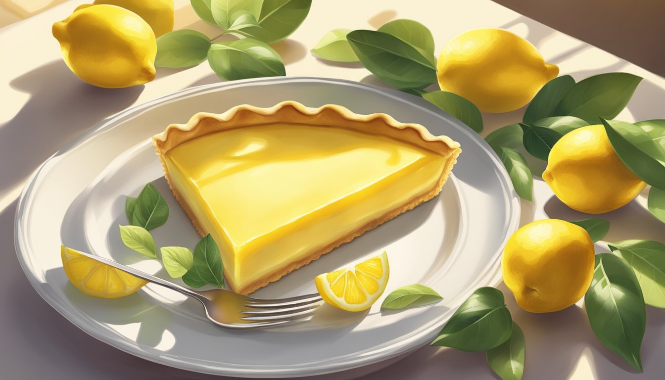 A lemon tart sits on a white porcelain plate, surrounded by vibrant yellow lemons and green leaves. The sunlight streams in, casting a warm glow over the dessert