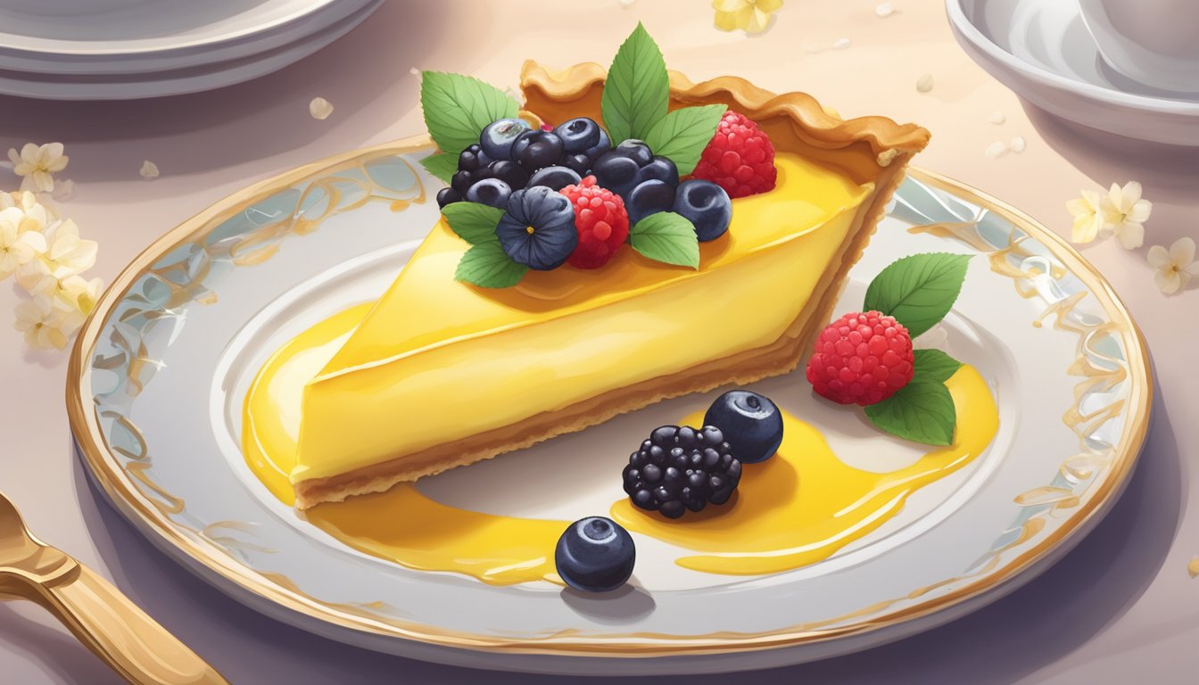 A lemon tart sits on a delicate plate, surrounded by a scattering of fresh berries. A dollop of whipped cream adorns the top, adding a touch of elegance to the dessert