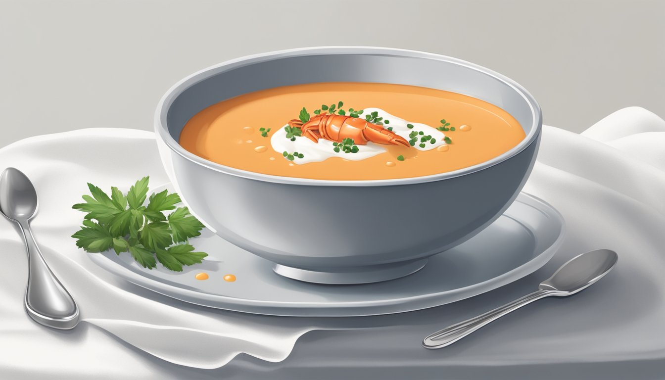 A bowl of creamy lobster bisque sits on a white tablecloth, garnished with a sprinkle of fresh herbs and a dollop of sour cream. A silver spoon rests beside the bowl