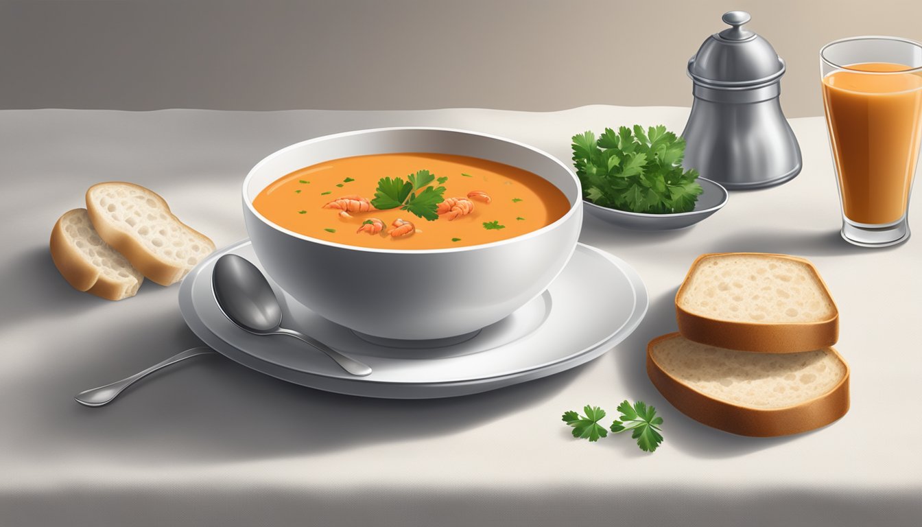 A bowl of lobster bisque with a garnish of fresh parsley and a side of crusty bread on a white linen tablecloth