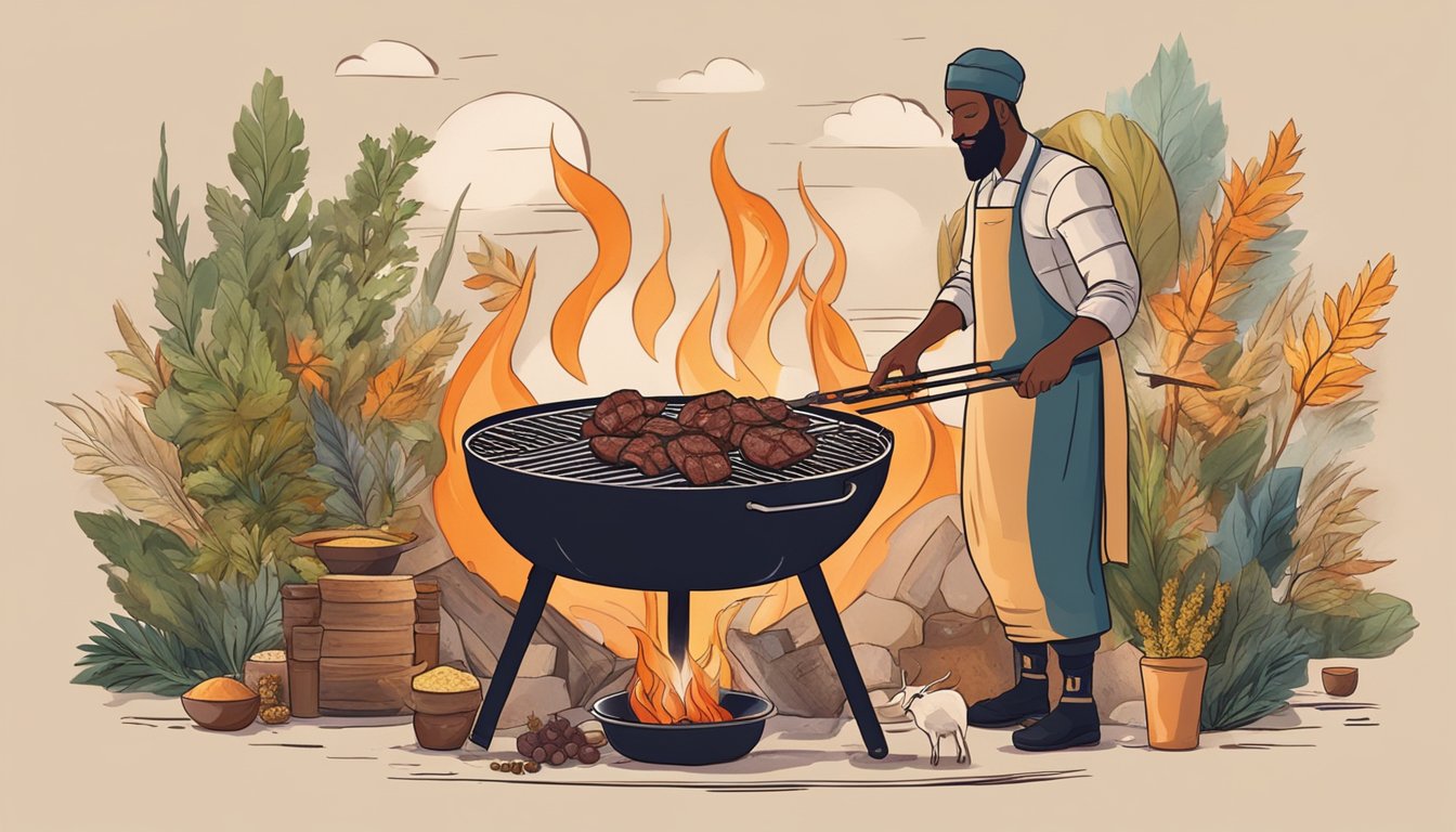 A person grilling goat meat over an open flame, surrounded by spices and herbs