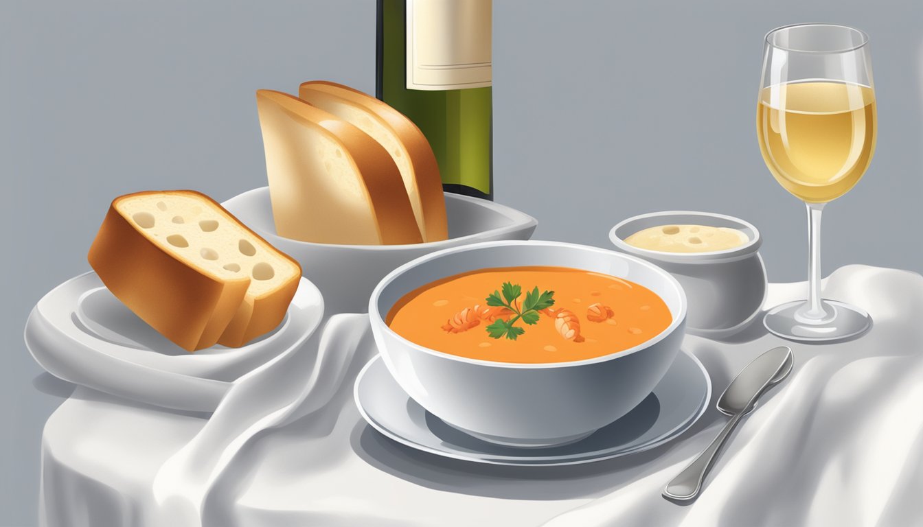 A bowl of lobster bisque with a side of garlic bread, served on a white tablecloth with a glass of white wine