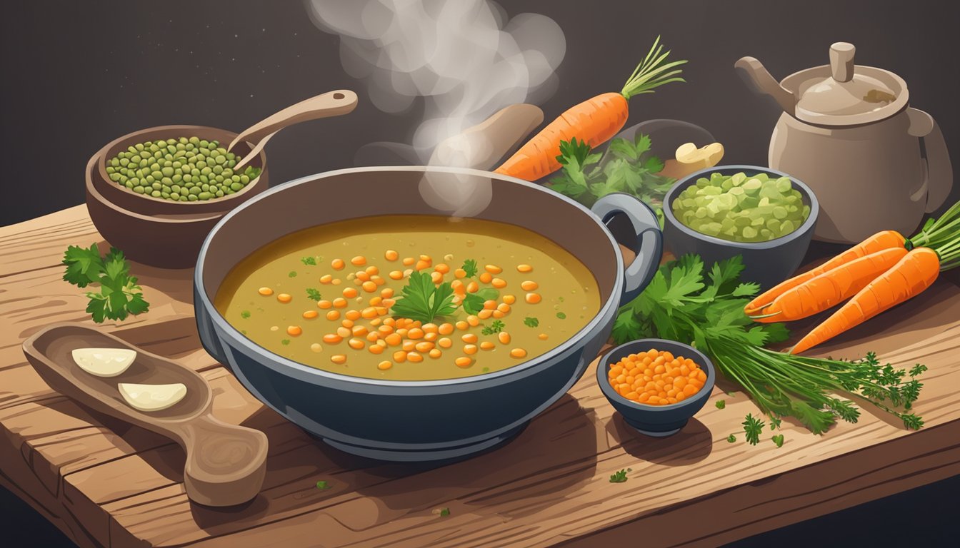 A steaming bowl of lentil soup sits on a rustic wooden table, surrounded by fresh ingredients like carrots, celery, and herbs