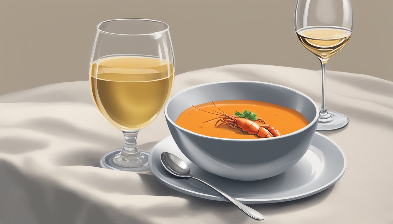 A steaming bowl of lobster bisque sits next to a glass of white wine on a linen-covered table. A spoon rests on the edge of the bowl