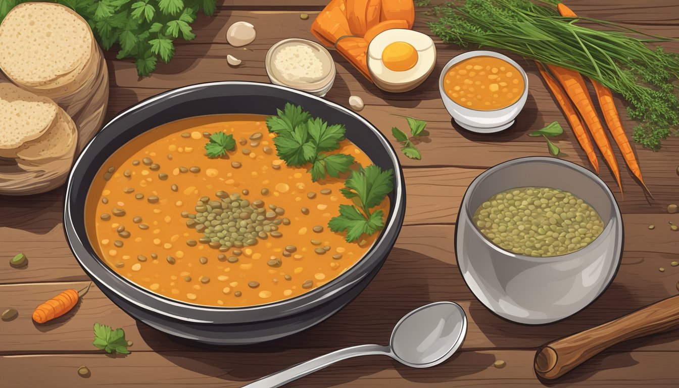 A steaming bowl of lentil soup sits on a rustic wooden table, surrounded by fresh ingredients and a ladle. A spoon rests on the side of the bowl