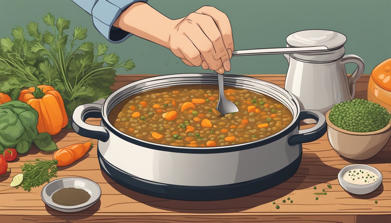 A person stirring a pot of lentil soup with a variety of spices and vegetables on a wooden cutting board nearby