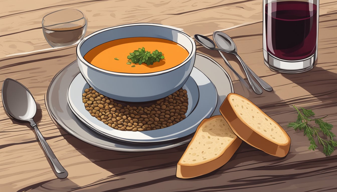 A bowl of lentil soup sits on a wooden table, accompanied by a slice of crusty bread and a small glass of red wine