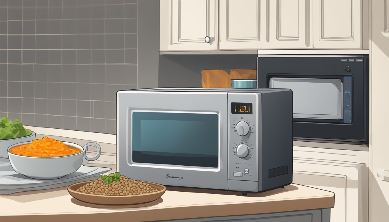 A bowl of lentil soup sits on a kitchen counter next to a microwave. Steam rises from the bowl, indicating that it has just been reheated