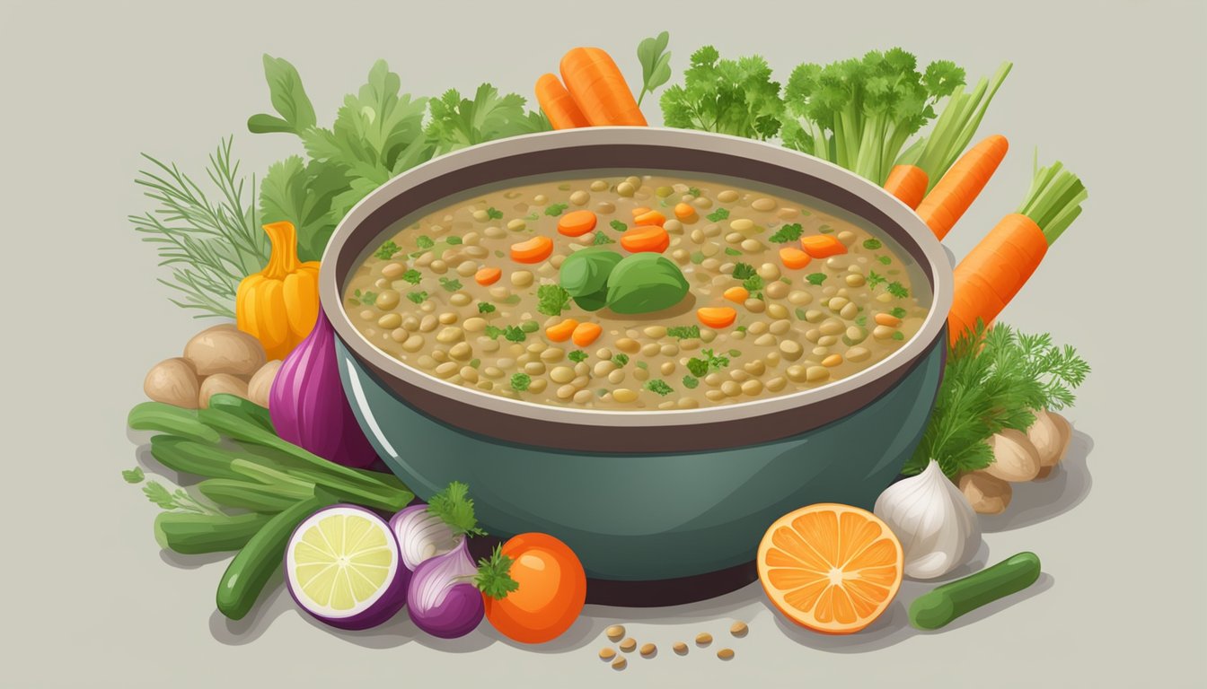 A steaming bowl of lentil soup surrounded by fresh vegetables and herbs