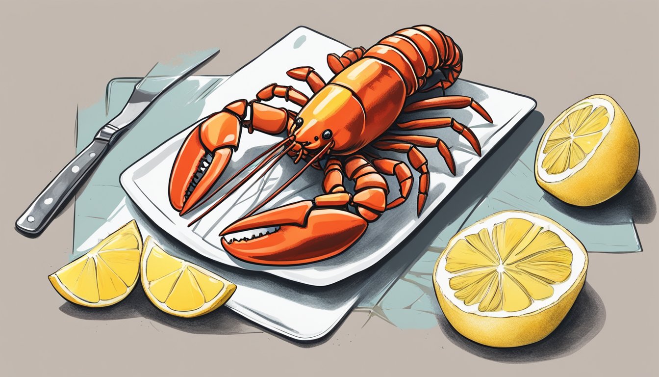 A lobster tail being cracked open and the meat being removed with a fork. Butter and lemon wedges on the side