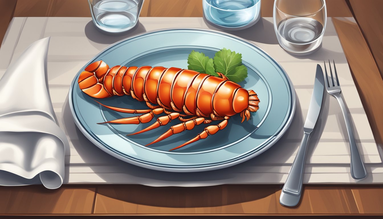 A lobster tail on a plate with a fork and knife beside it, a napkin and a glass of water on the table