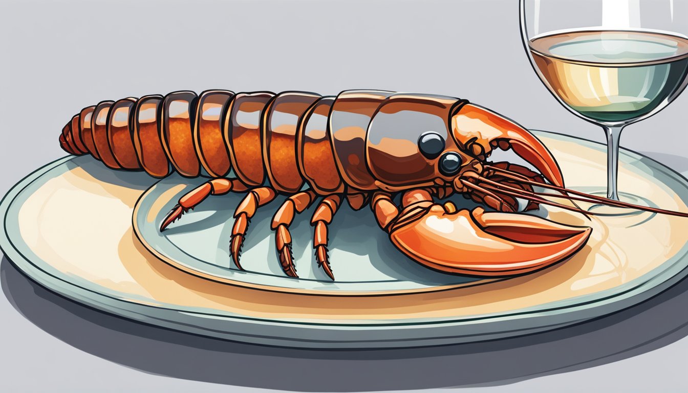 A lobster tail sits on a plate next to a glass of wine. The tail is split open, revealing the succulent meat inside