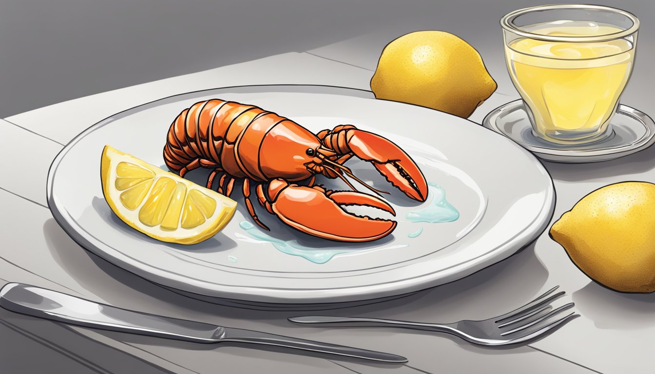 A lobster tail rests on a white plate with a lemon wedge. A small dish of melted butter sits nearby