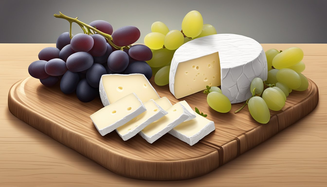 A wooden board with sliced goat cheese, accompanied by crackers and grapes, arranged in an elegant and appetizing display