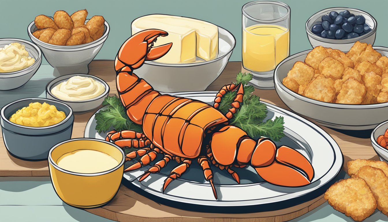 A lobster tail being cracked open and dipped in butter, with various regional accompaniments nearby