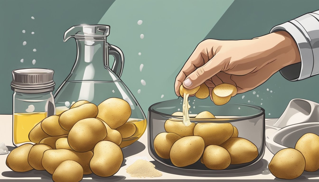 A hand reaching for potatoes, salt, and oil on a kitchen counter