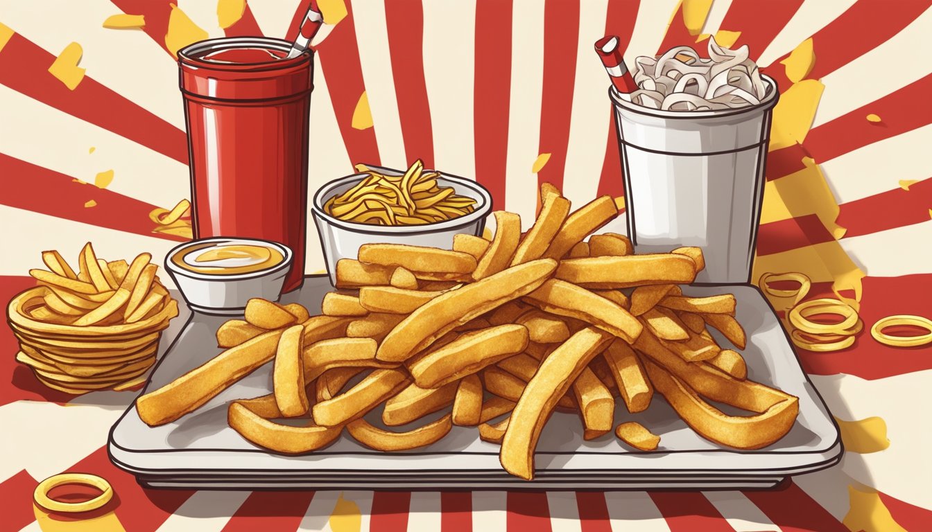 Golden fries on a red and white checkered paper, surrounded by ketchup and mustard, with a side of crispy onion rings