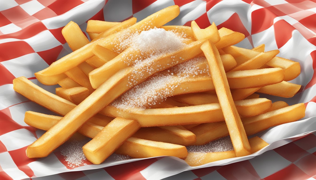 Golden fries sizzling in hot oil, then sprinkled with salt and served in a red and white checkered paper sleeve