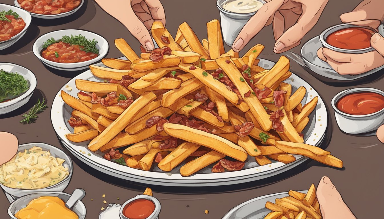 A hand reaches for a pile of french fries, some dipped in ketchup, others topped with cheese and bacon, while a few are sprinkled with herbs and spices