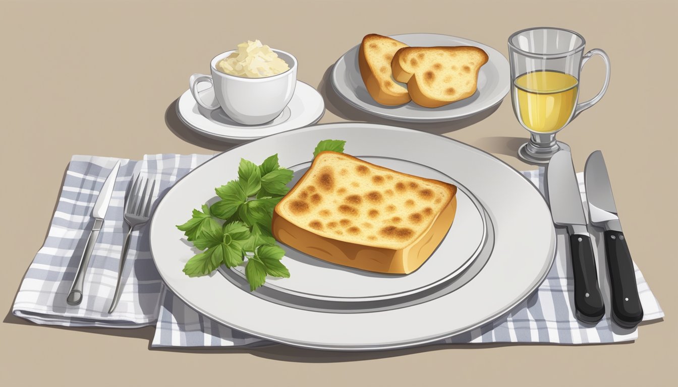 A table set with a plate of garlic bread, a knife, and a napkin