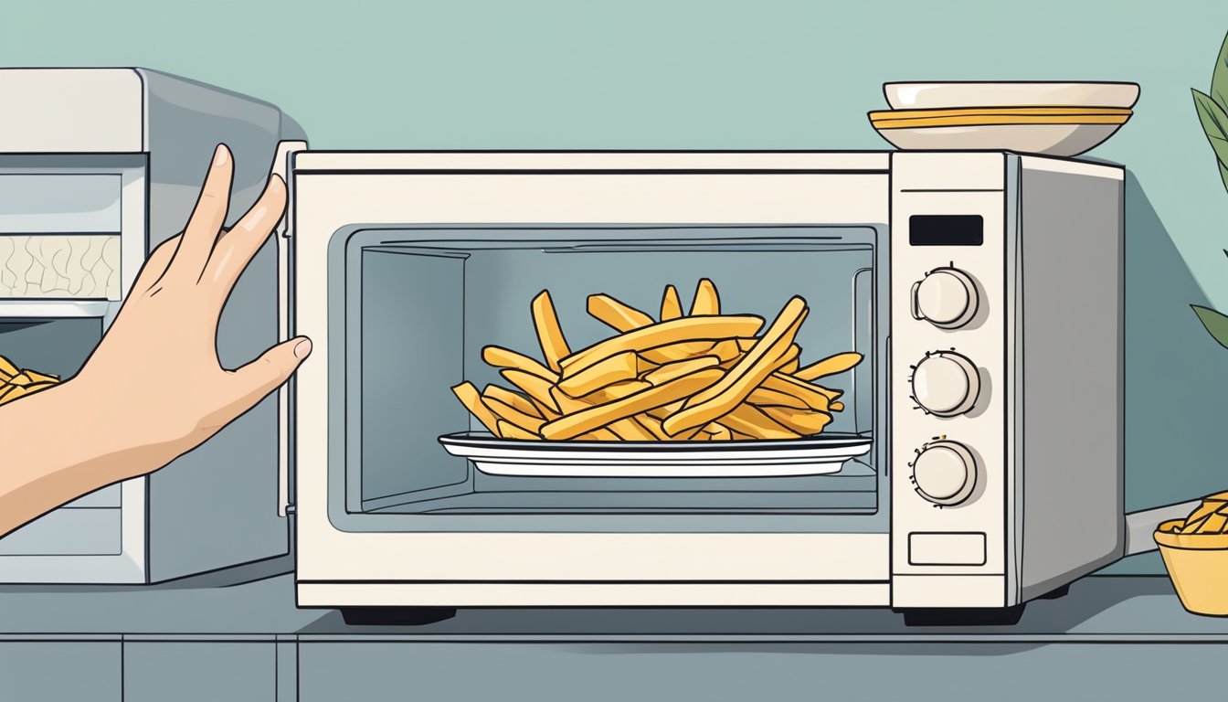 A plate of golden french fries sits next to a microwave. A hand reaches for the plate, placing it inside the microwave to reheat